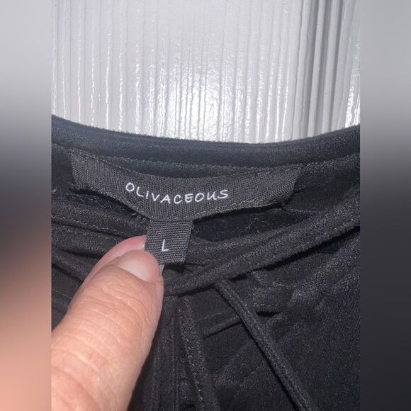 Olivaceous Black Lace Up Front Faux suede dress Witchy Bell Slve Size Large EUC - Picture 6 of 8